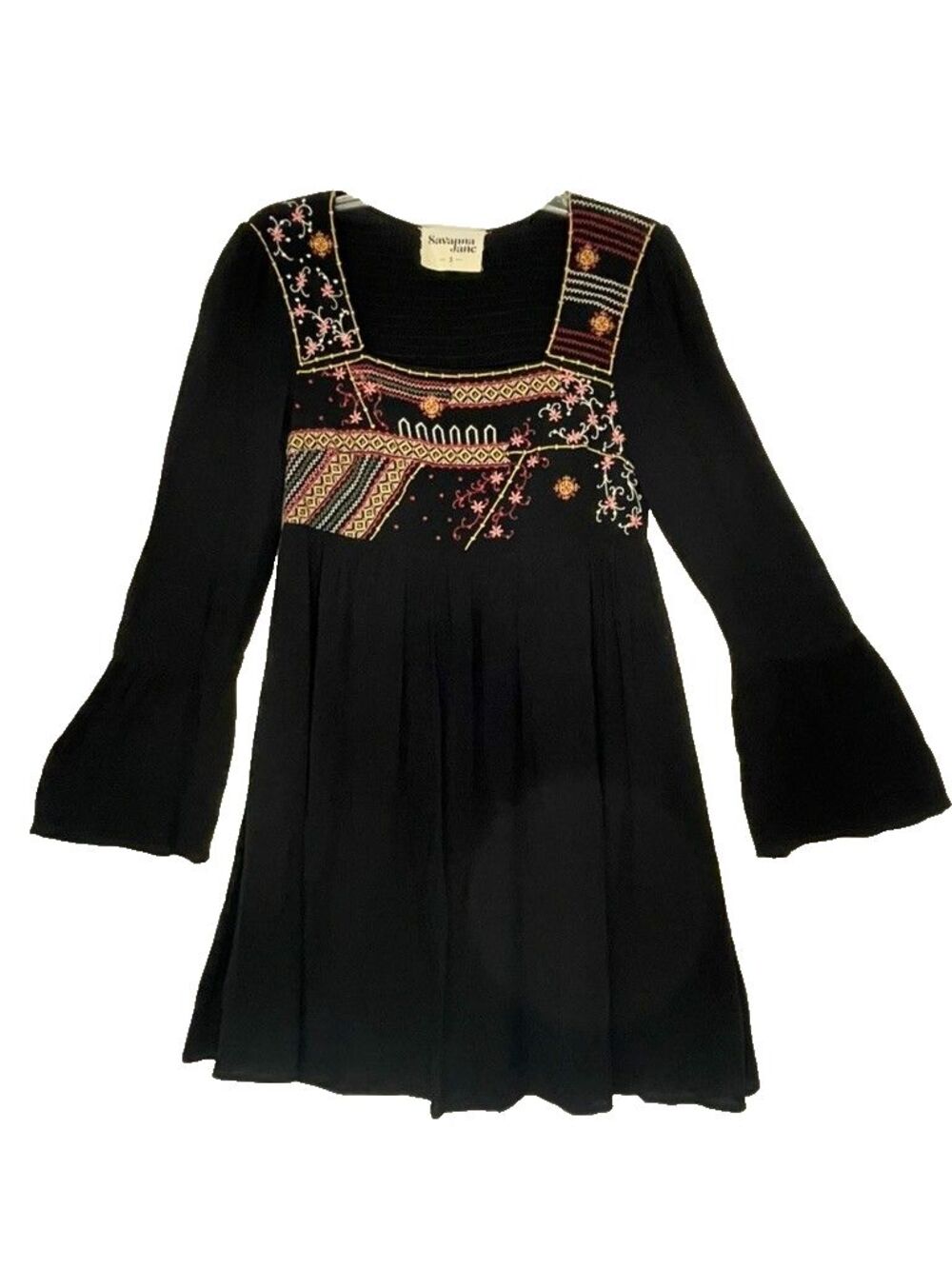 Savanna Jane Black Dress Embroidered print long flared sleeve light weight